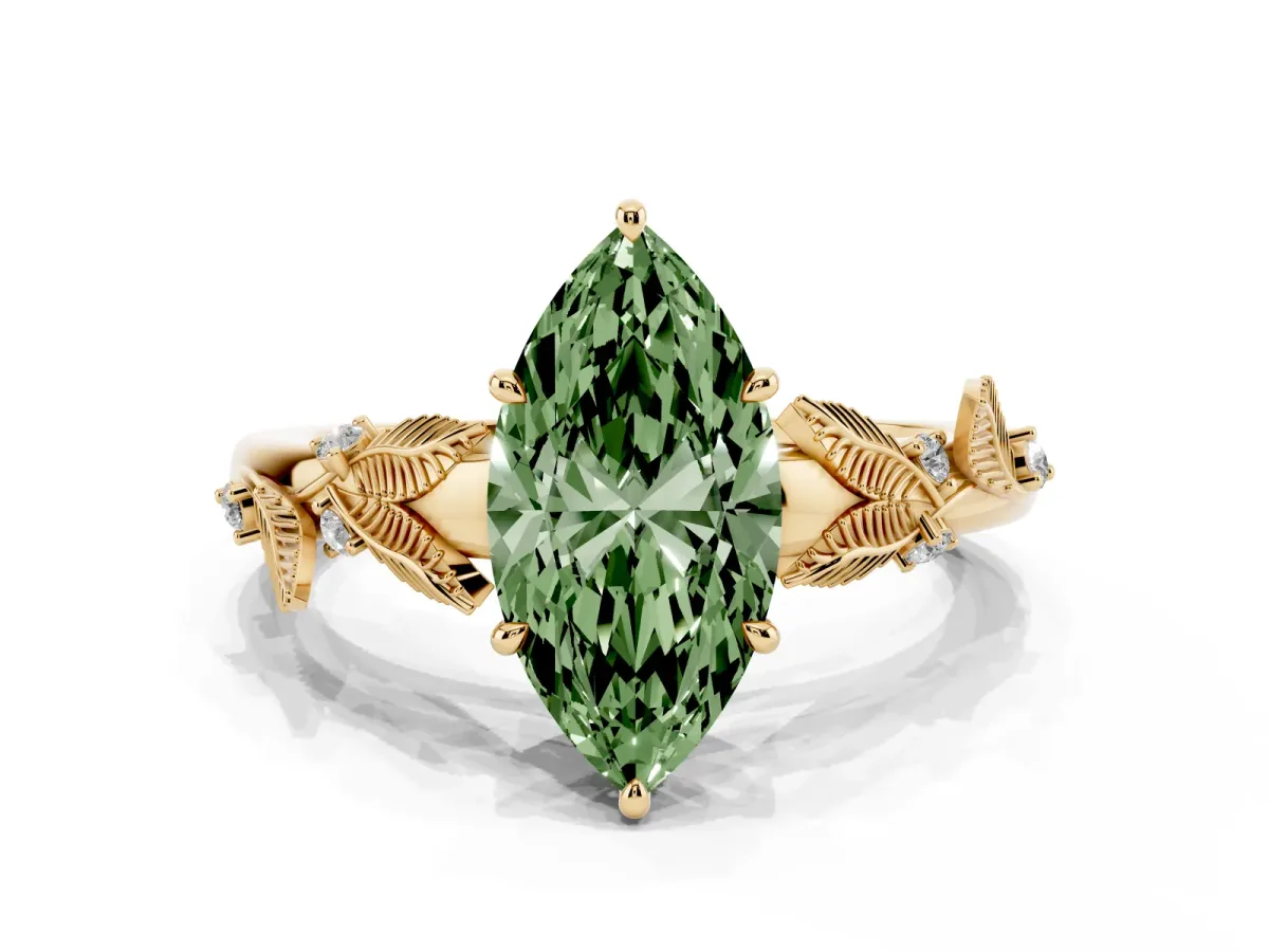Fancy Green Marquise Cut Diamond Solitaire Ring with Leaf Motif Band and Four-Prong Setting Yellow gold