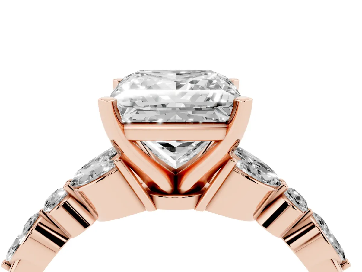 Princess Cut Diamond Solitaire Ring with Side Stones and Four-Prong Setting Rose gold