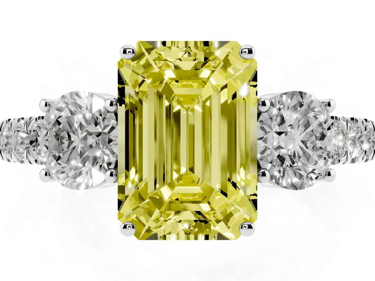Fancy Yellow Emerald Cut Cut Diamond Three-Stone Ring with Round Side Stones and Pavé Band Silver