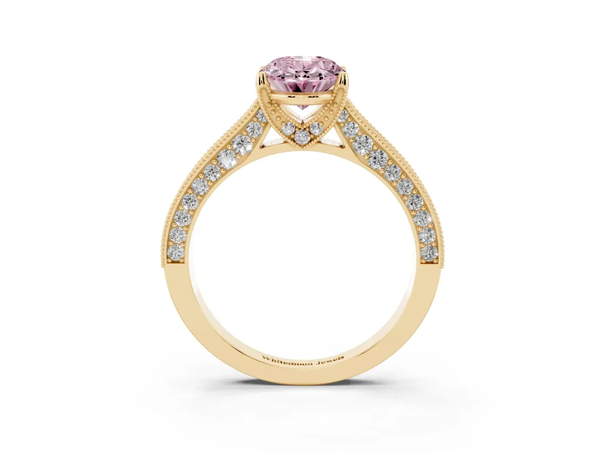 Fancy Pink Oval Cut Cut Diamond Solitaire Ring with Milgrain Pave Band and Four Prong Setting Yellow gold