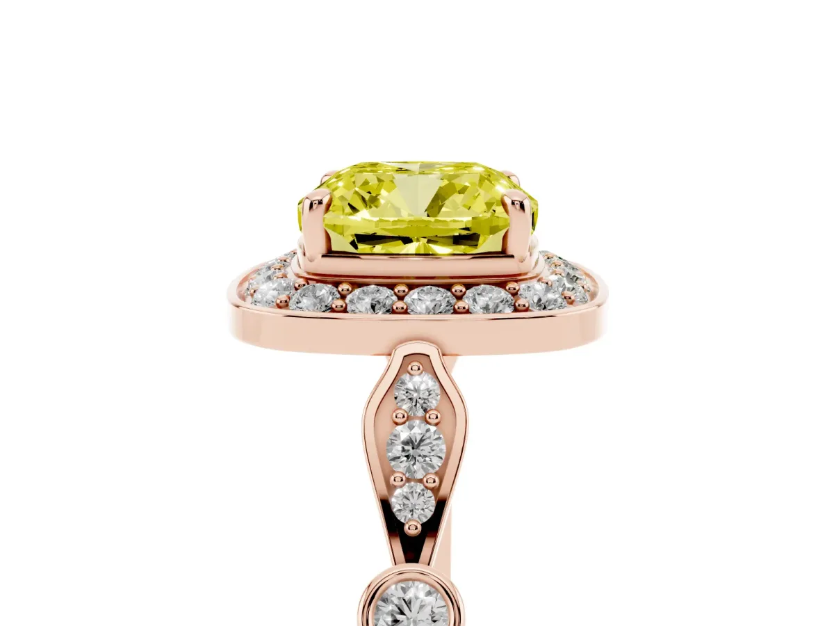 Fancy Yellow Cushion Cut Halo Diamond Engagement Ring with Twisted Band and Four-Prong Setting Rose gold