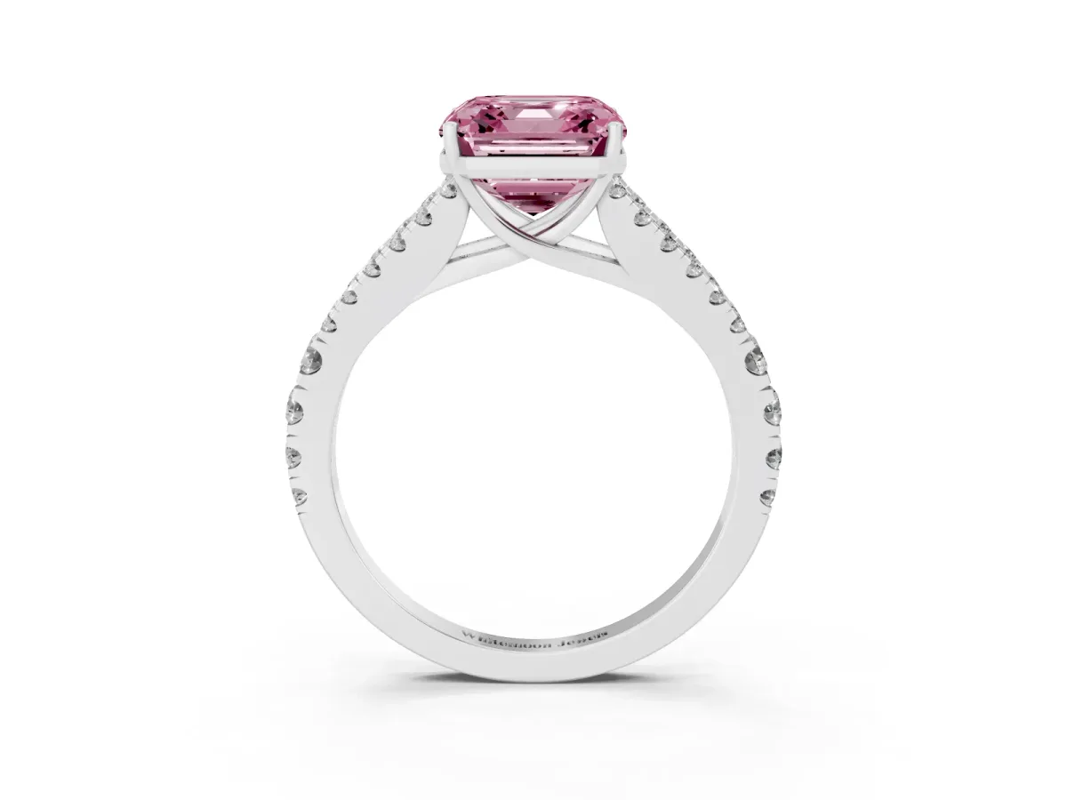 Fancy Pink Asscher Cut Diamond Split Shank Pavé Engagement Ring with Four-Prong Setting Silver