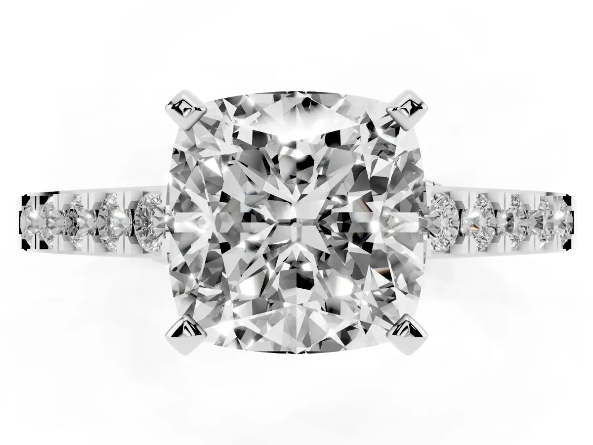 Cushion Cut Diamond Solitaire Ring with Crossover Gallery and Round Pavé Band Silver