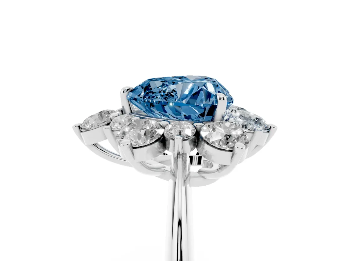 Fancy Blue Heart Cut Diamond Cluster Halo Ring with Solitaire Band and Four-Prong Setting White gold