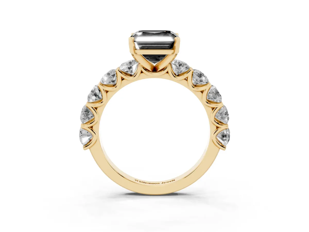 Fancy Black Asscher Cut Diamond Prong Setting with Side Stones on a Pave Band Yellow gold