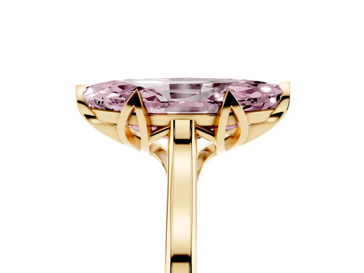 Fancy Pink Marquise Cut Diamond Solitaire Ring with Flower Prong Setting and Classic Band Yellow gold
