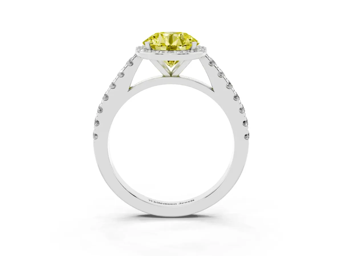 Fancy Yellow Round Cut Cut Halo Diamond Engagement Ring with Pave Band and Four-Prong Setting White gold