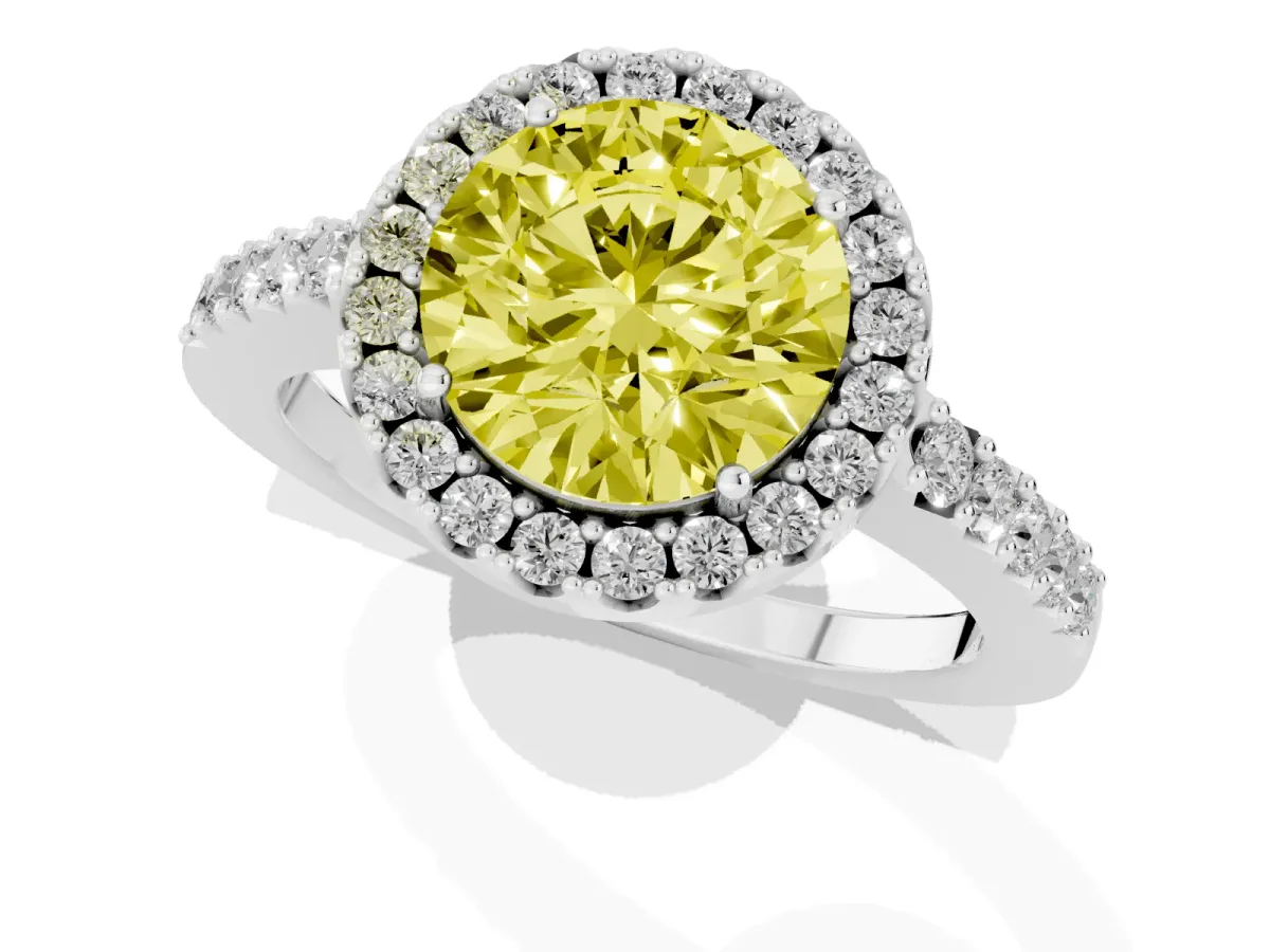 Fancy Yellow Round Cut Halo Diamond Pavé Solitaire Ring Platinum
