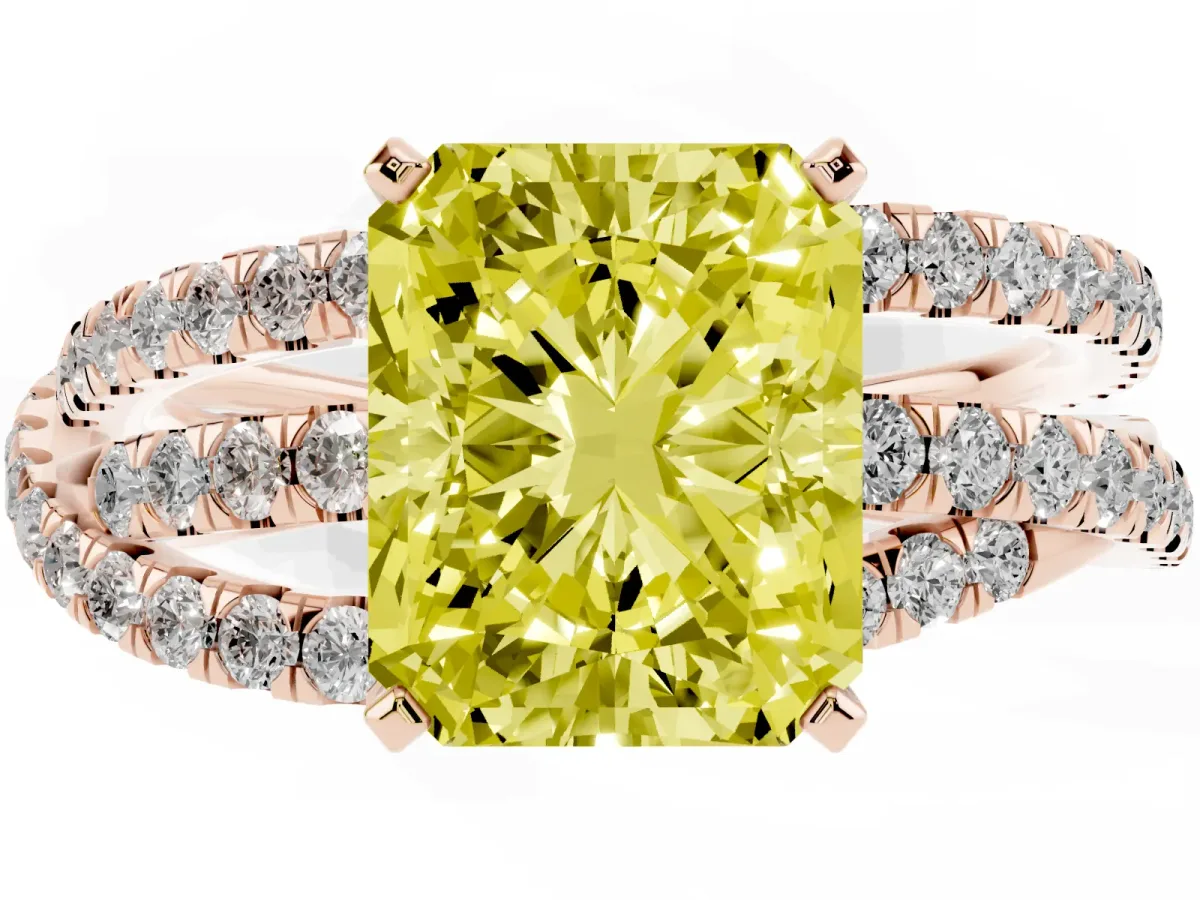 Fancy Yellow Radiant Cut Solitaire Twist Band with Pavé Setting and Four-Prong Setting Rose gold