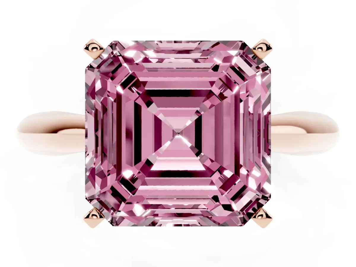 Fancy Pink Asscher Cut Diamond Solitaire Engagement Ring with Cathedral Setting and Four-Prong Mount Rose gold