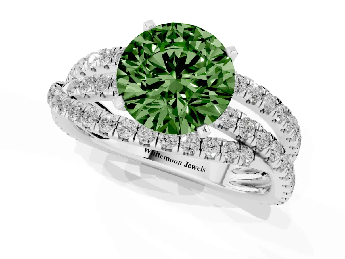 Fancy Green Round Cut Solitaire Twist Band with Pavé Setting and Four-Prong Setting Silver
