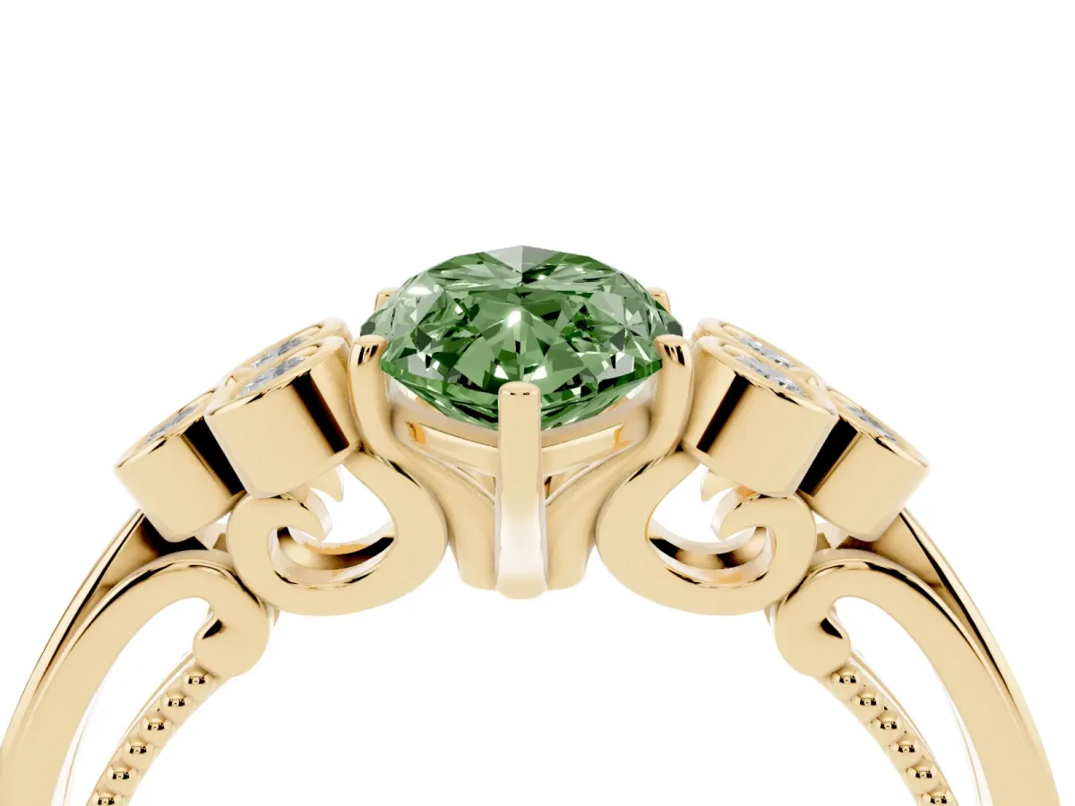 Fancy Green Marquise Cut Cut Diamond Engagement Ring with Bezel Set Round Side Stones and Prong Setting Yellow gold