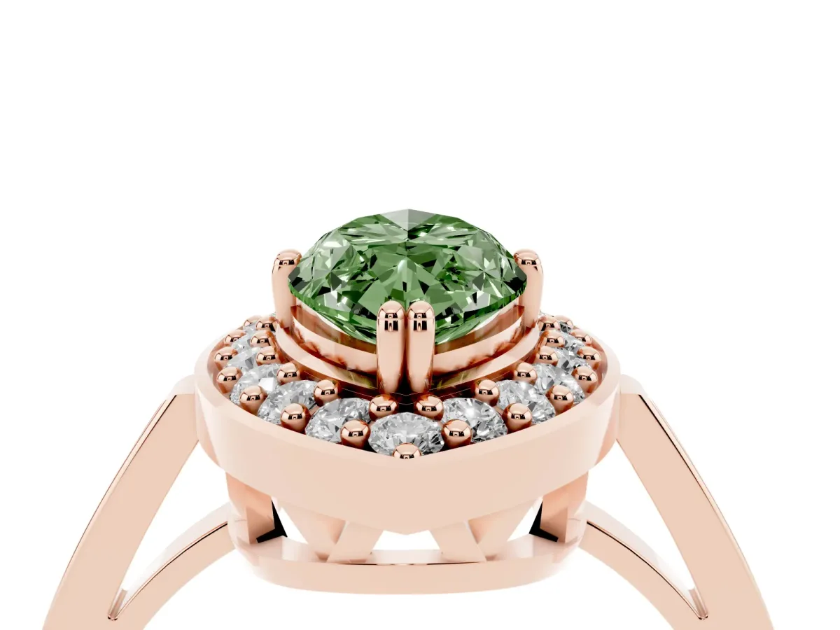 Fancy Green Marquise Cut Diamond Halo Ring with Split Shank and Four-Prong Setting Rose gold