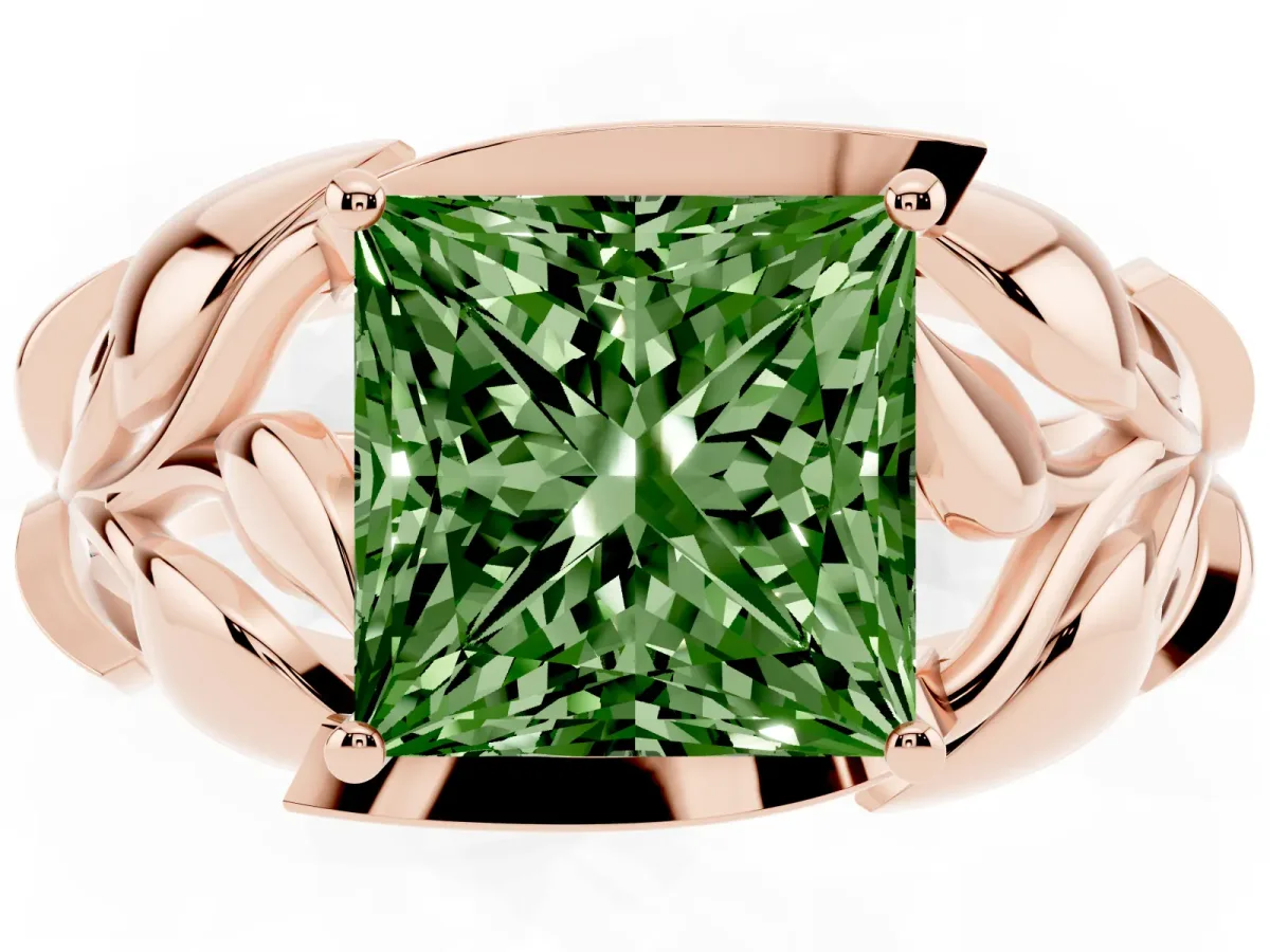 Fancy Green Princess Cut Diamond Leaf-Inspired Engagement Ring with Round Accents and Prong Setting Rose gold