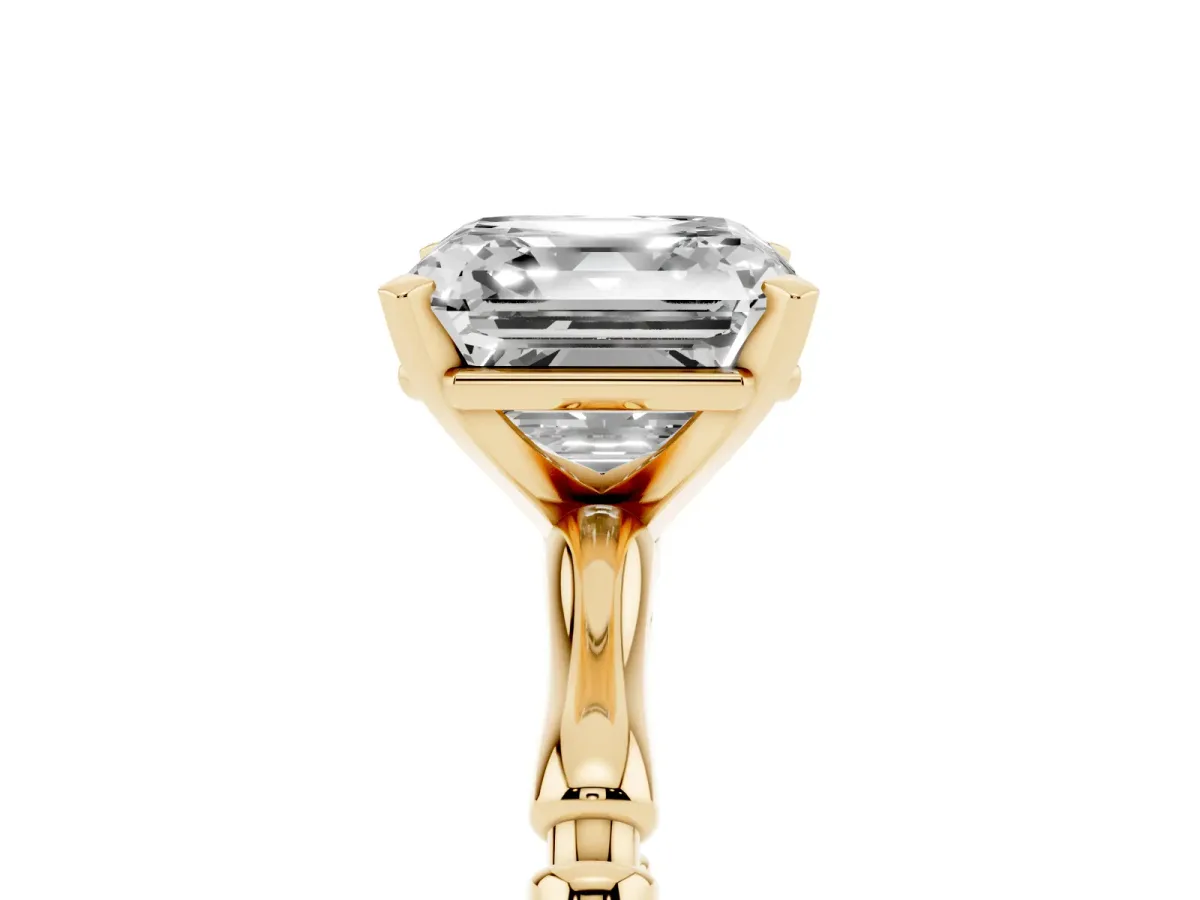 Asscher Cut Solitaire Diamond Ring with Bamboo Band and Four-Prong Setting Yellow gold