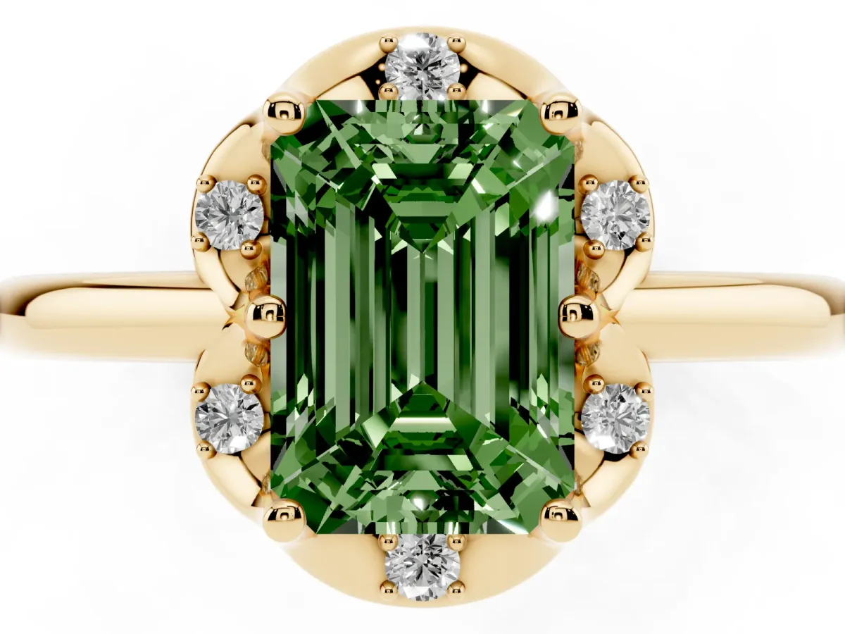 Fancy Green Emerald Cut Halo Diamond Ring with Round Cluster Setting, Solitaire Band, and Four-Prong Setting Yellow gold