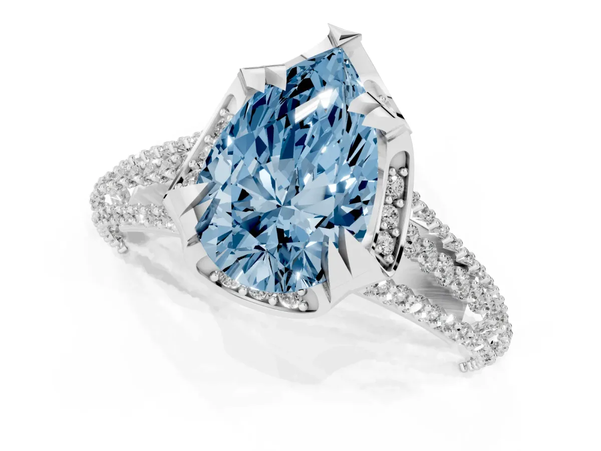 Fancy Blue Pear Cut Solitaire Pave Split Shank Ring with Four-Prong Setting White gold