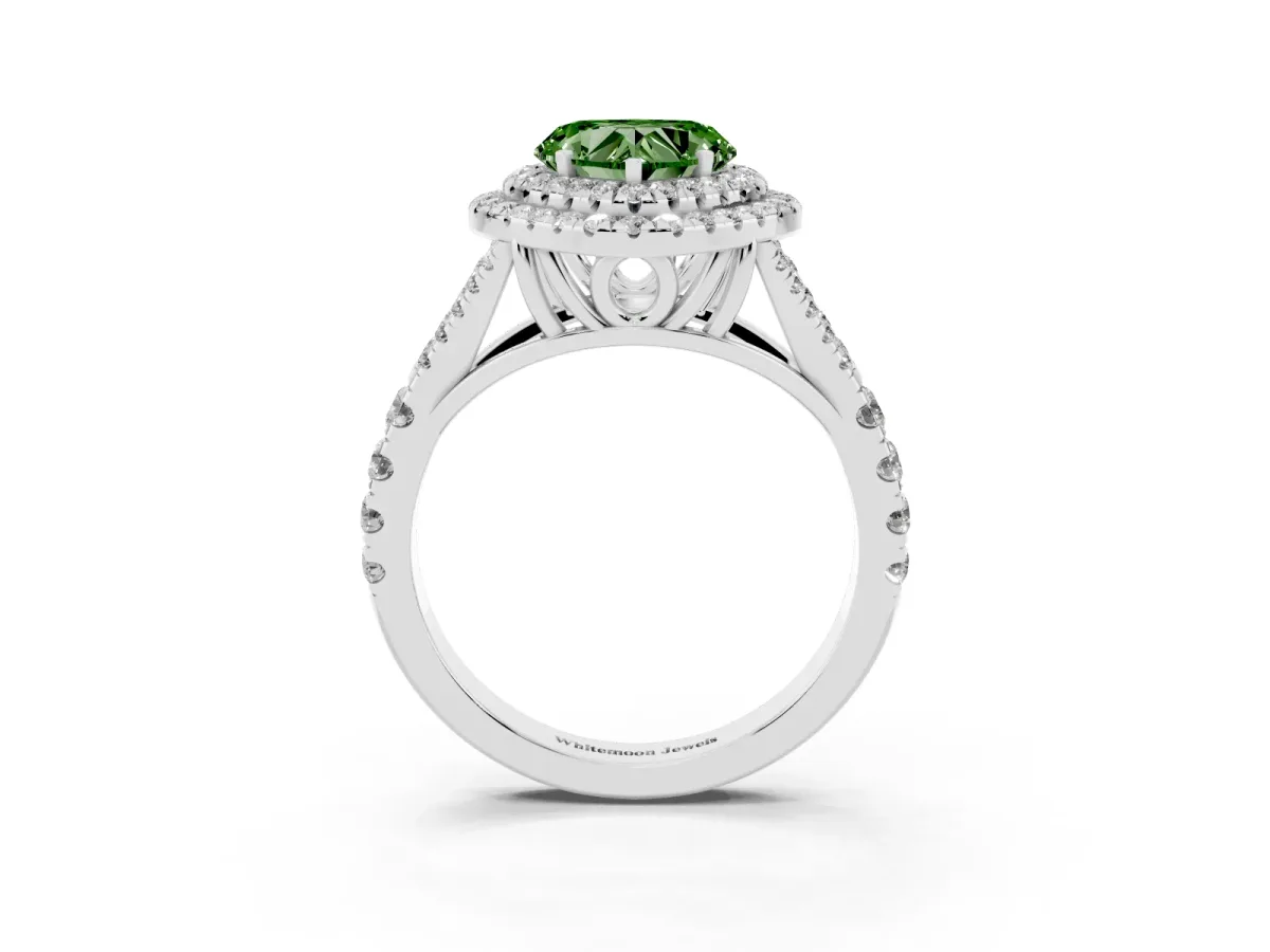 Fancy Green Double Halo Heart Cut Diamond Split Shank Engagement Ring with Four-Prong Setting Silver
