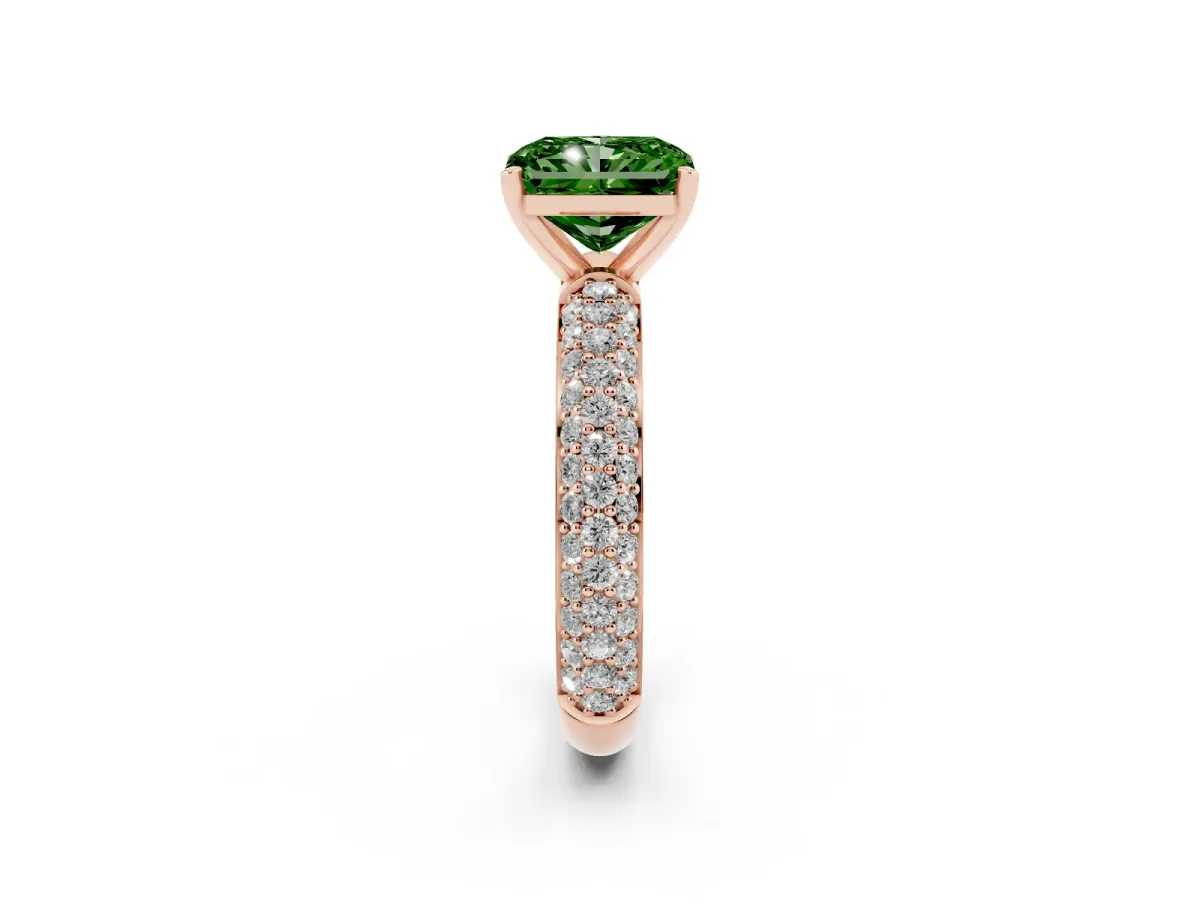 Fancy Green Radiant Cut Diamond Solitaire Ring with Prong Setting and Pavé Band Rose gold