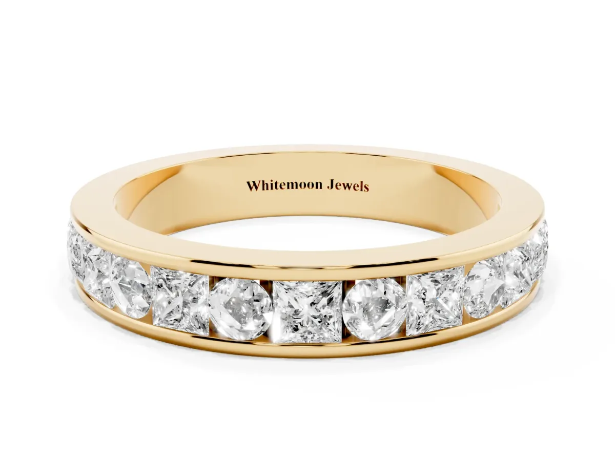 Princess Diamond Channel Set Promise Ring with Round Diamond Accents Yellow gold