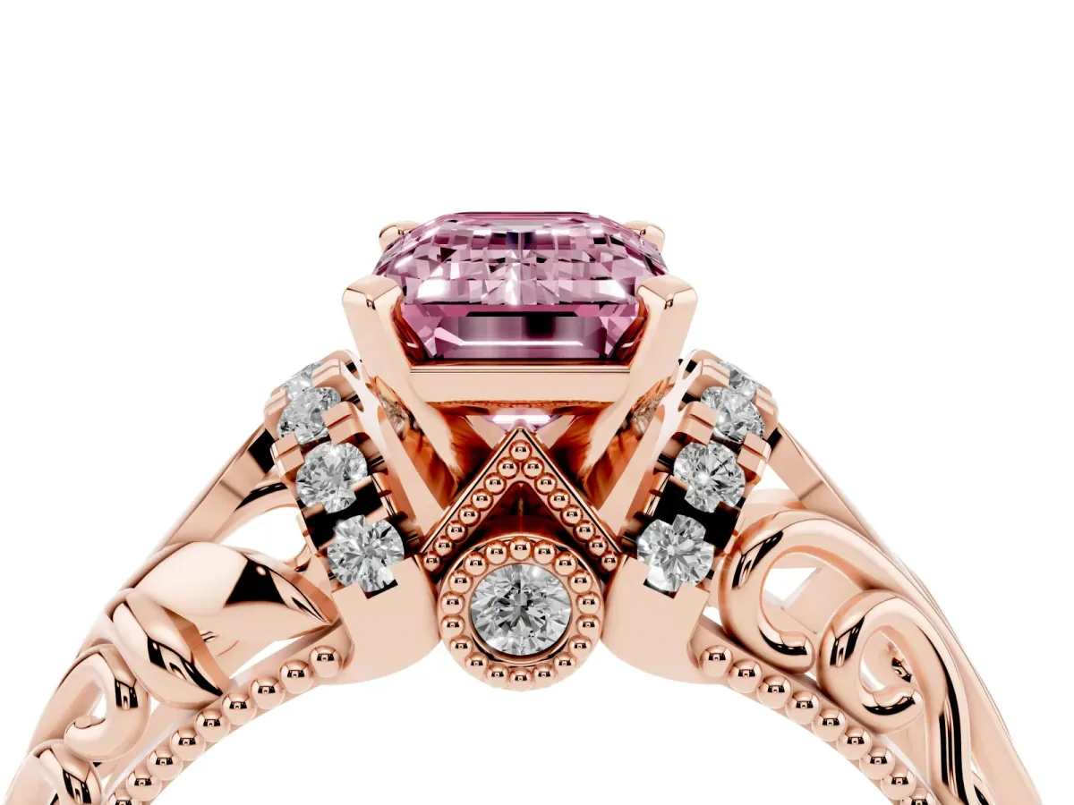 Fancy Pink Emerald Cut Solitaire Filigree Engagement Ring with Halo and Prong Setting Rose gold