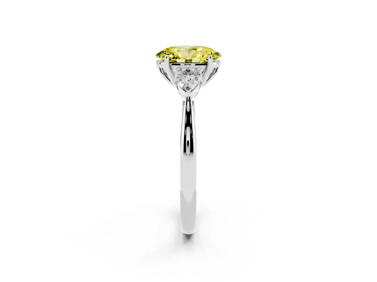 Fancy Yellow Three-Stone Oval Cut Diamond Ring with Pear Side Stones in Four-Prong Setting Silver