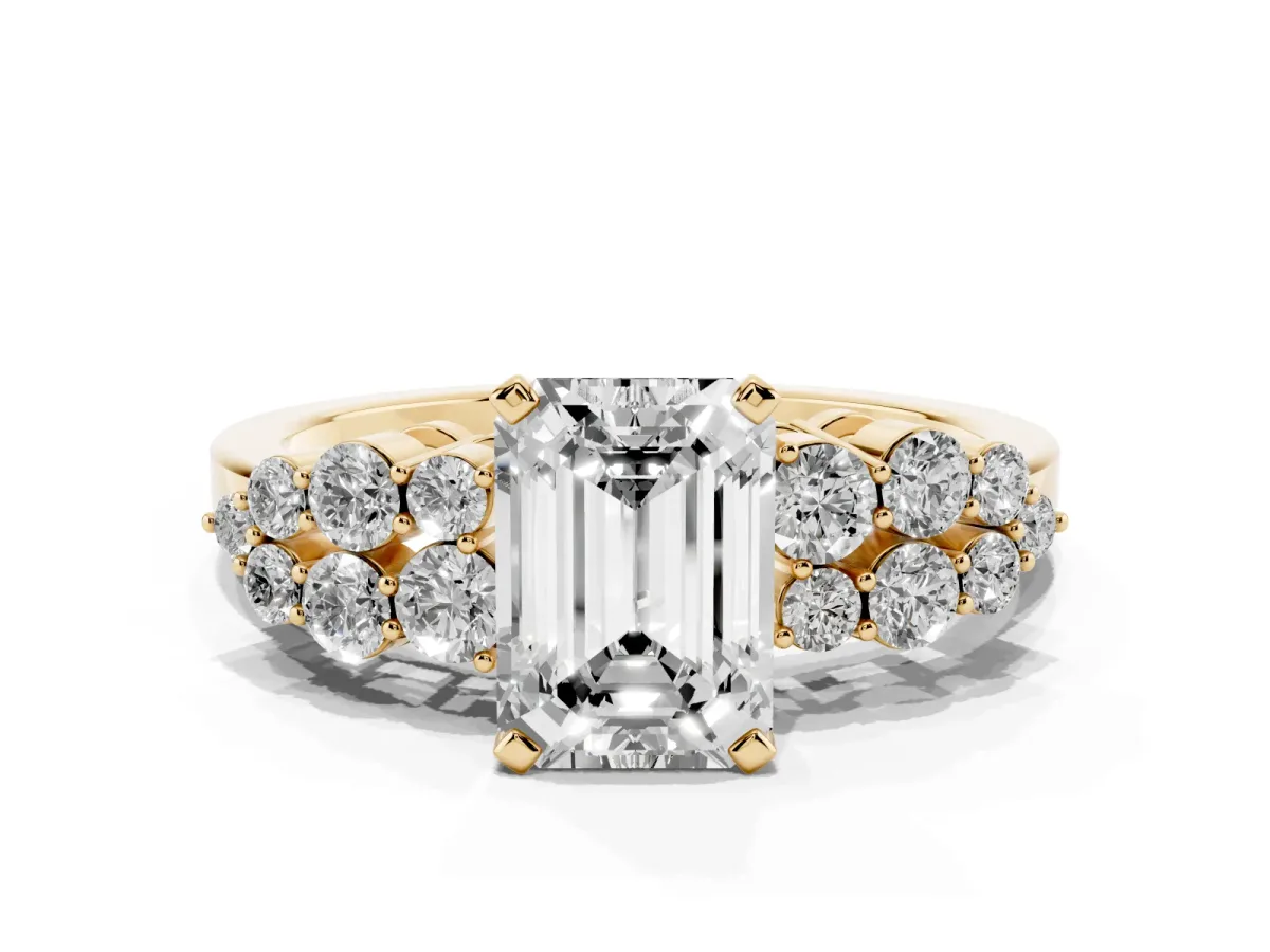 Emerald Cut Cluster Diamond Engagement Ring with Pavé Band and Four-Prong Setting Yellow gold