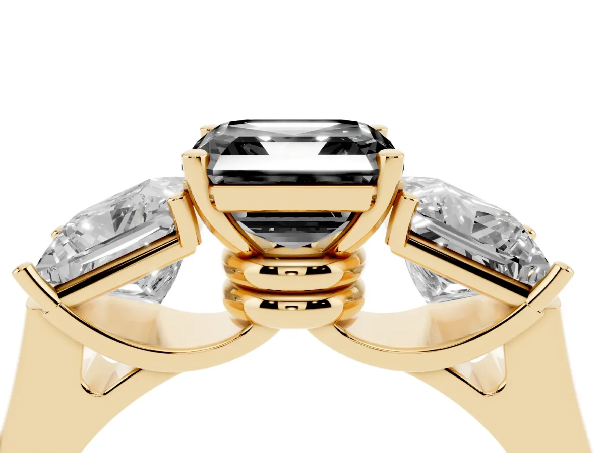 Fancy Black Three-Stone Asscher Cut Brilliant Diamond Trellis Ring with Comfort Fit Band Yellow gold