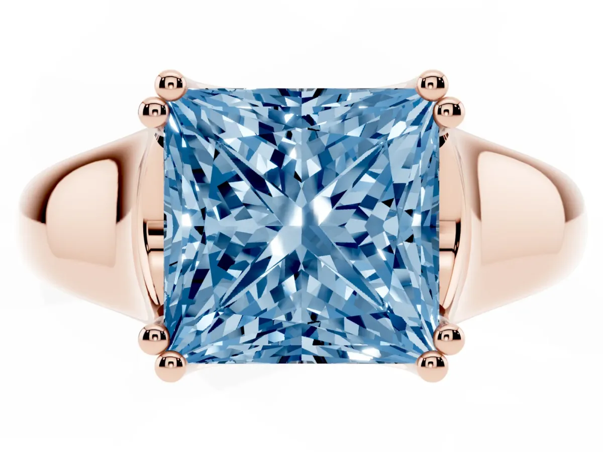 Fancy Blue Princess Cut Diamond Solitaire Ring with Wide Band and Prong Setting Rose gold