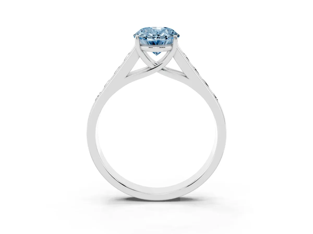 Fancy Blue Oval Cut Solitaire Channel-Set Diamond Engagement Ring with Four-Prong Setting Silver