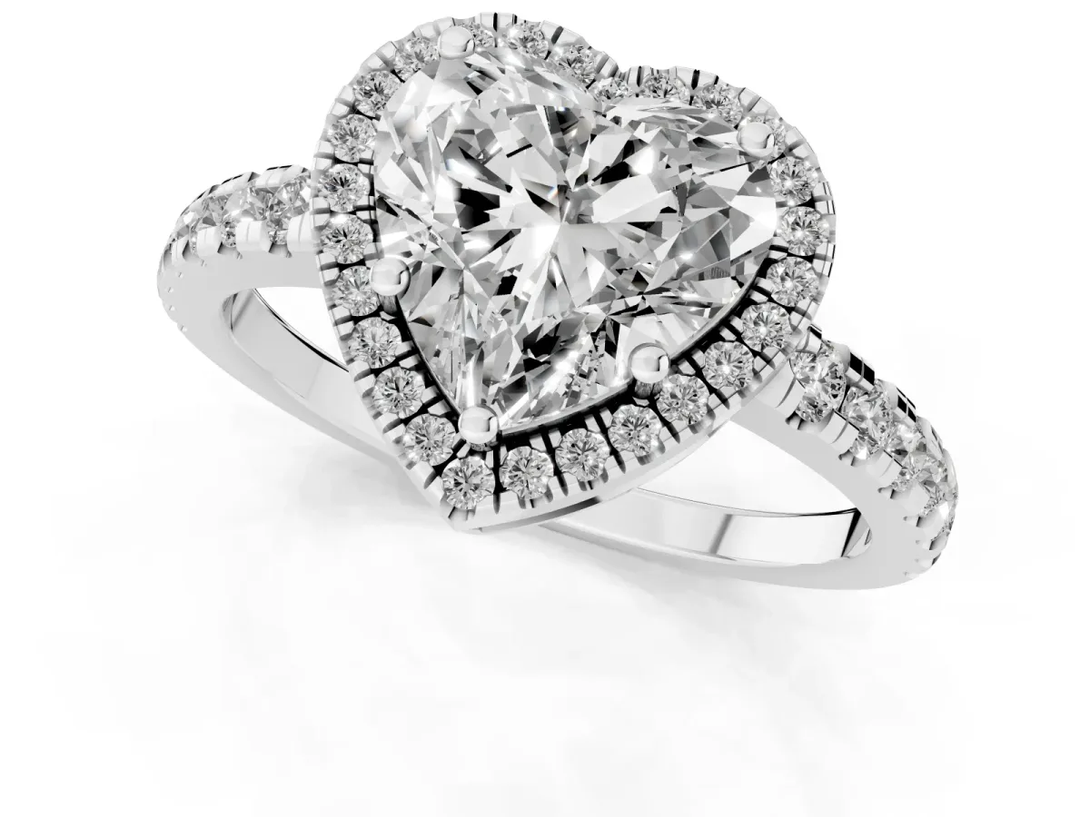 Heart Cut Diamond Halo Ring with Pavé Band and Four-Prong Setting White gold