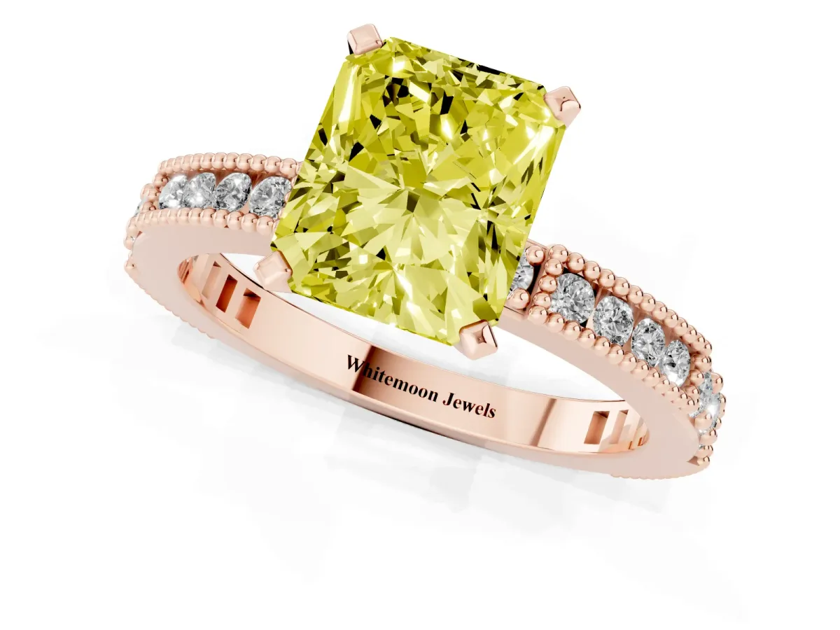 Fancy Yellow Radiant Cut Solitaire with Pavé Band and Four-Prong Setting Rose gold