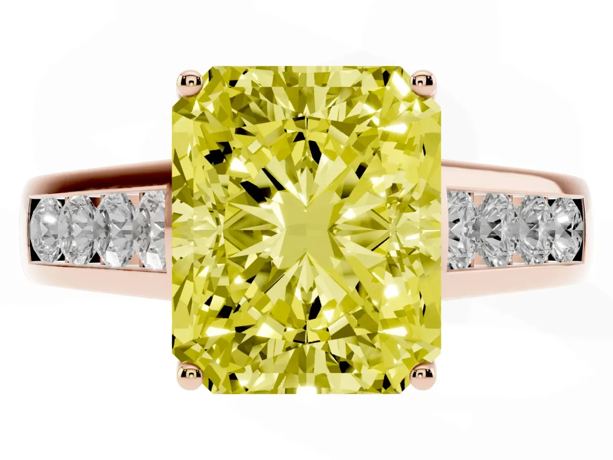 Fancy Yellow Radiant Cut Brilliant Channel-Set Solitaire Ring with Four-Prong Setting Rose gold