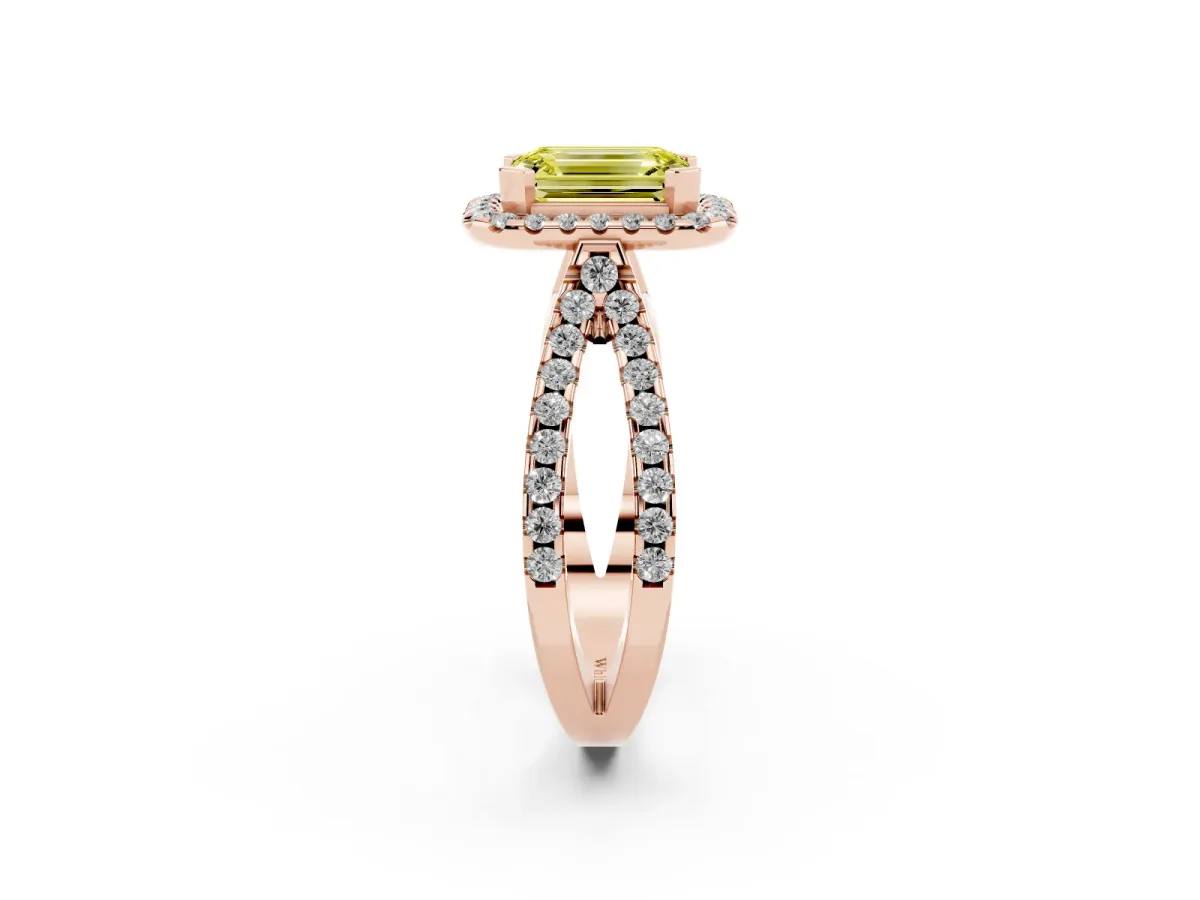 Fancy Yellow Emerald Cut Diamond Halo Ring with Split Shank Pavé Band and Prong Setting Rose gold