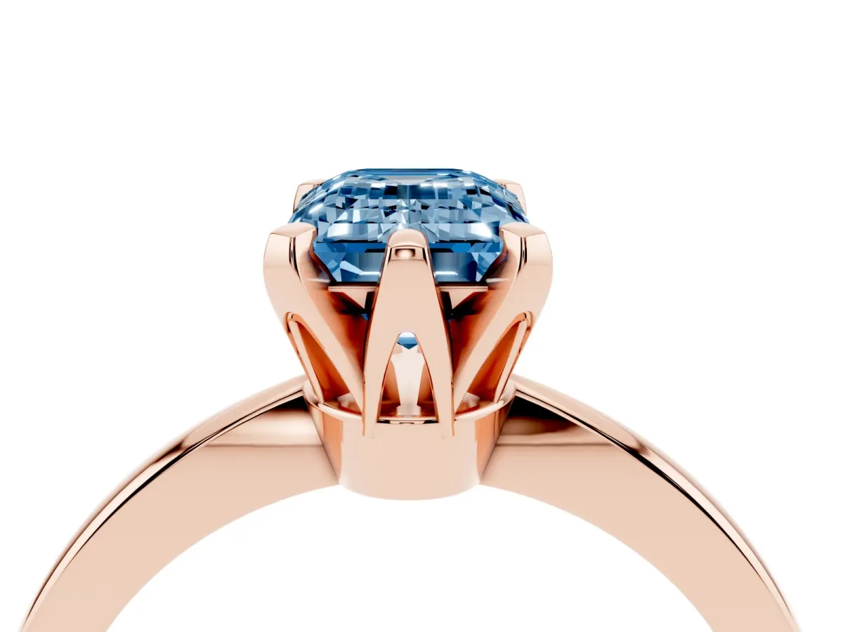 Fancy Blue Emerald Cut Solitaire Engagement Ring with Six-Prong Setting and Tapered Band Rose gold