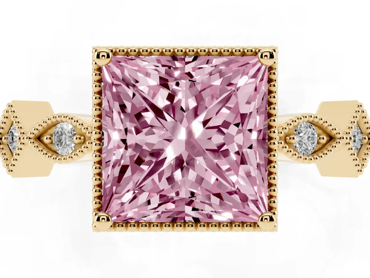 Fancy Pink Princess Cut Milgrain Marquise Diamond Twist Band Ring Yellow gold