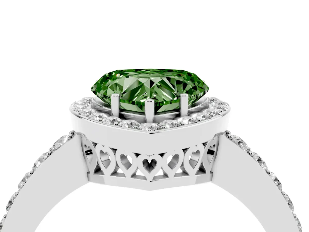 Fancy Green Heart Cut Halo Diamond Pavé Band Ring with Prong Setting Platinum