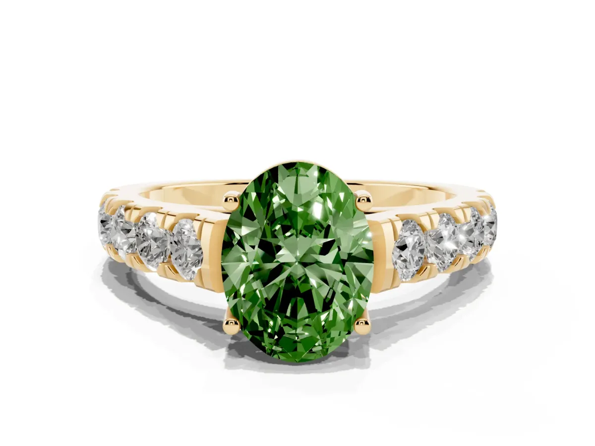 Fancy Green Oval Cut Cut Diamond Solitaire Ring with Micro Pave Band and Prong Setting Yellow gold