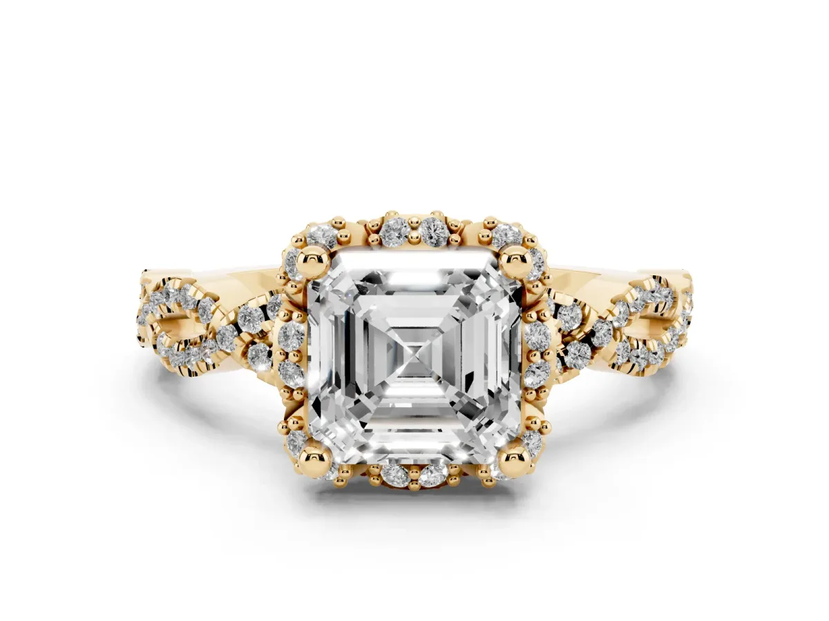 Asscher Cut Halo Twist Band Solitaire Ring with Six-Prong Setting Yellow gold