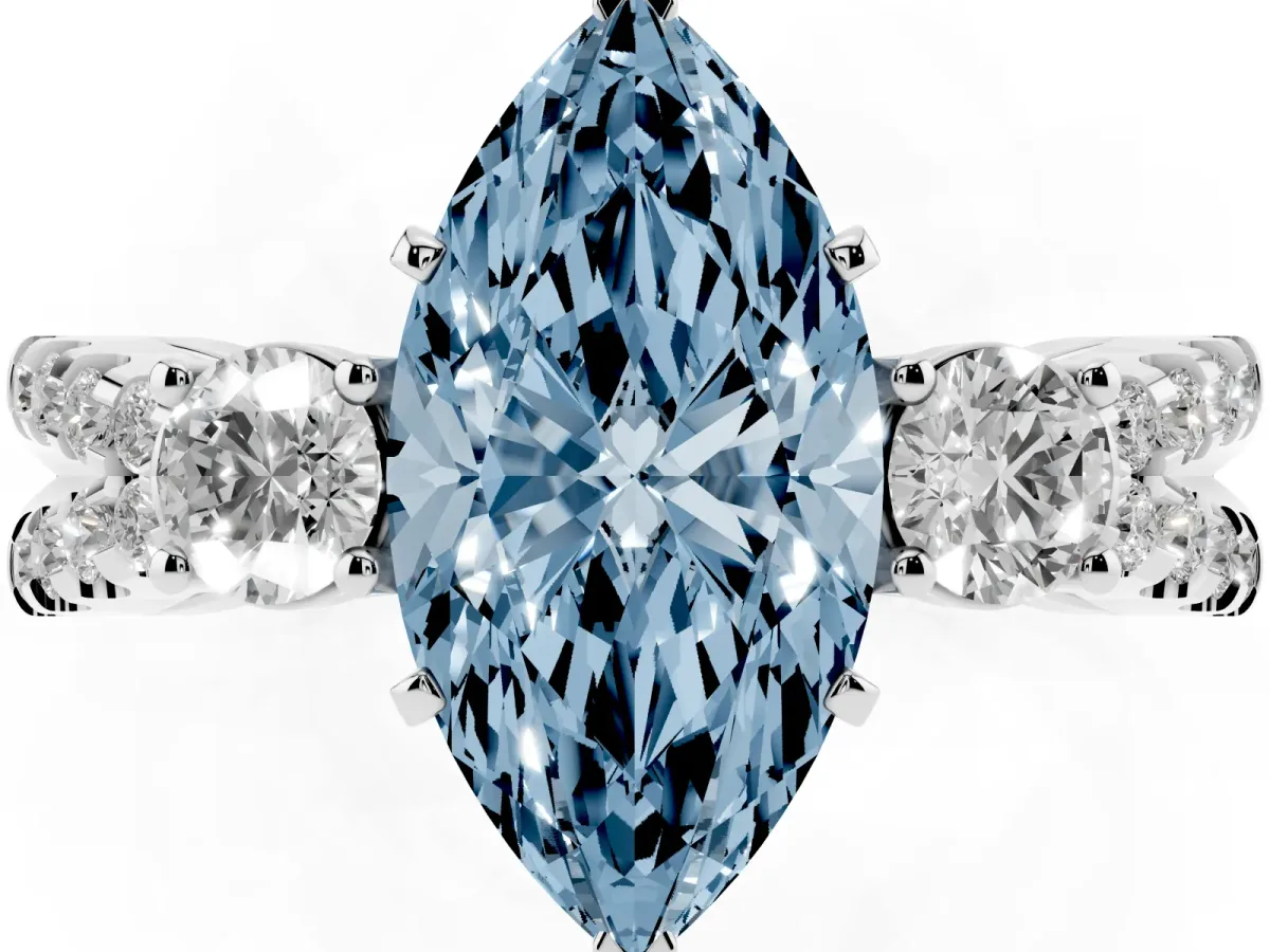 Fancy Blue Marquise Cut Diamond Three-Stone Ring with Pavé Split Shank and Four-Prong Setting White gold