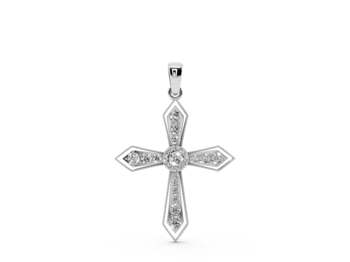 Round Diamond Milgrain Cross Pendant with Bezel Setting Silver