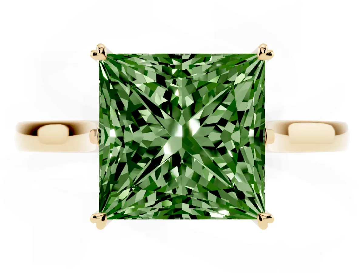 Fancy Green Princess Cut Solitaire Heart Prong Engagement Ring with Tapered Band Yellow gold
