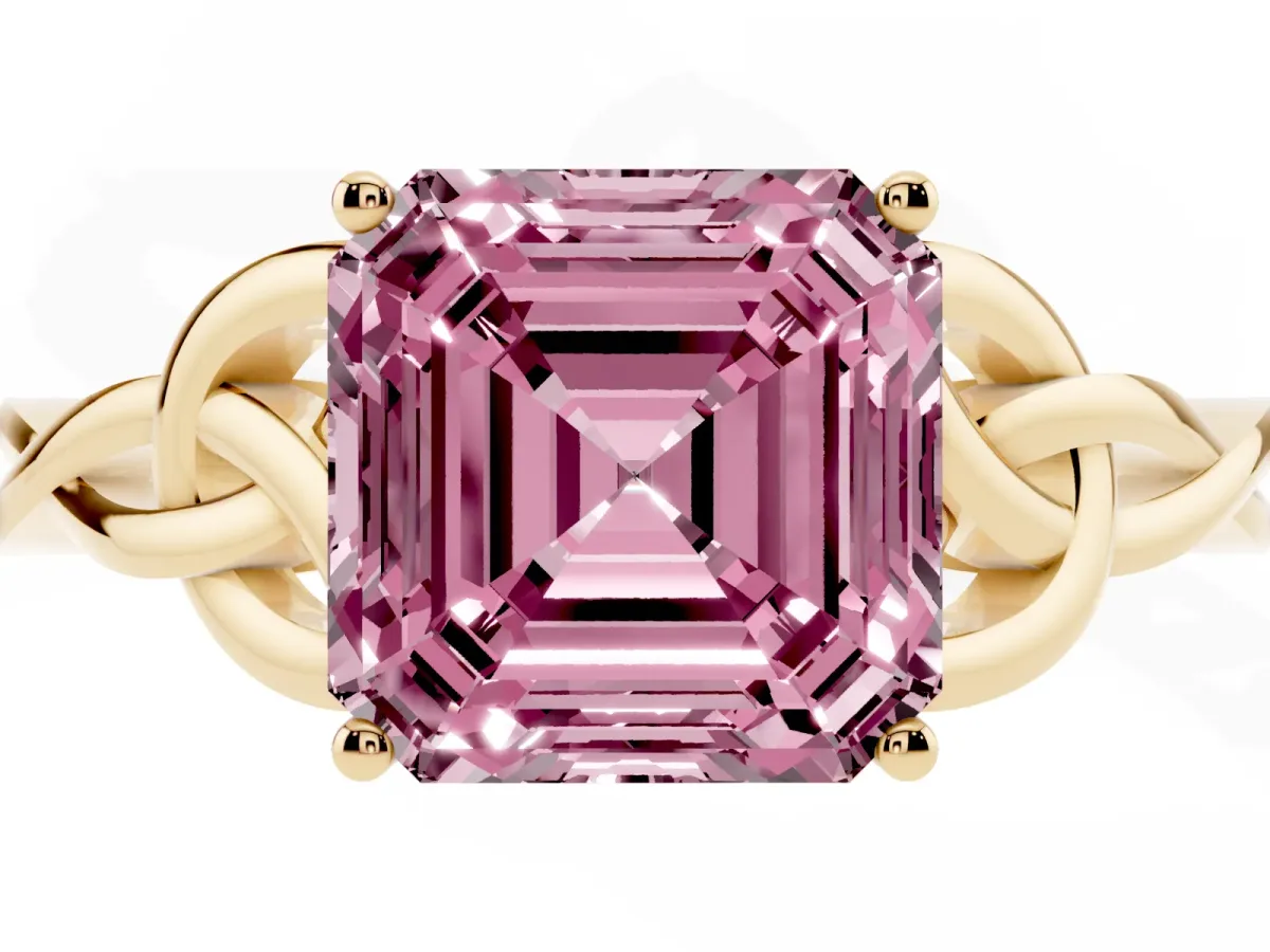 Fancy Pink Asscher Cut Diamond Solitaire Engagement Ring with Celtic Knot Band and Four-Prong Setting Yellow gold