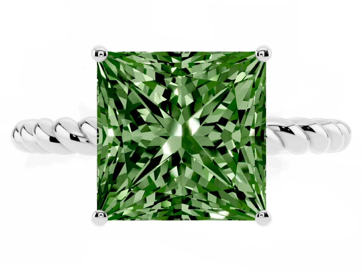 Fancy Green Princess Cut Solitaire Twisted Band 4-Prong Ring Platinum