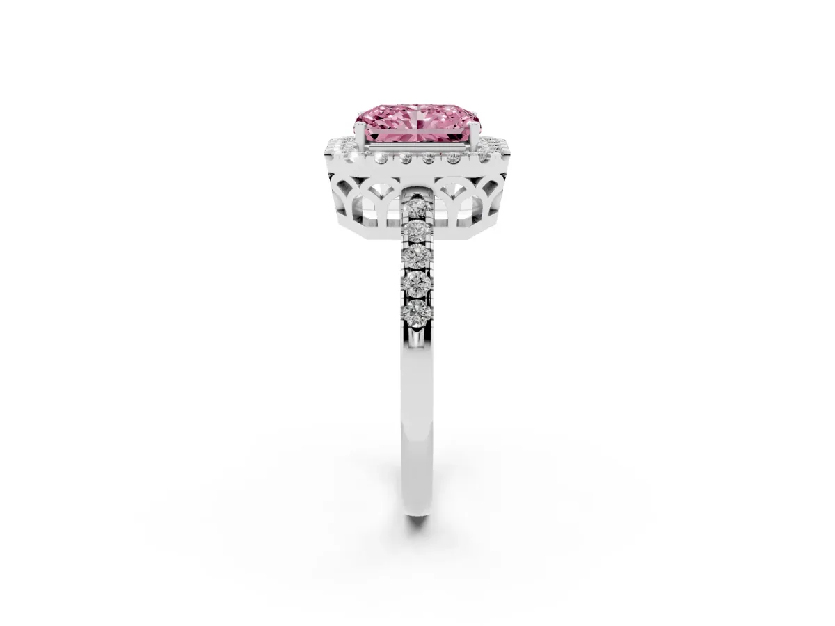 Fancy Pink Radiant Cut Halo Diamond Engagement Ring with Pavé Band and Four-Prong Setting Platinum