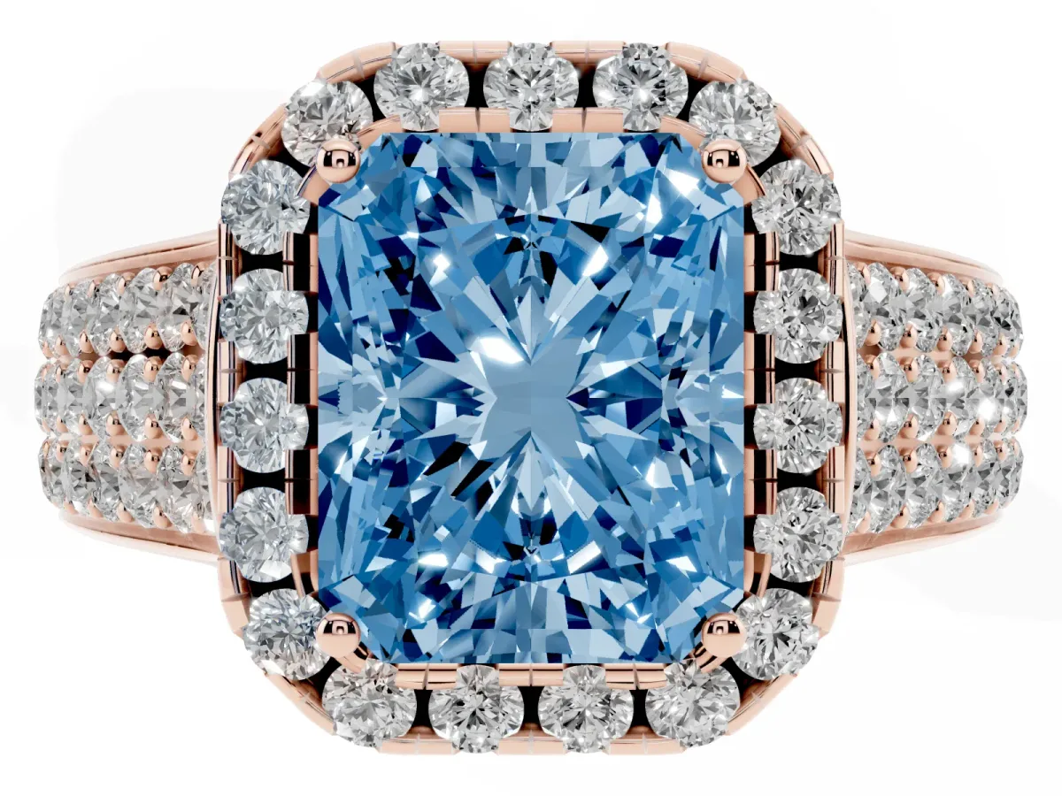 Fancy Blue Radiant Cut Halo Round Diamond Pave Band with Prong Setting Rose gold