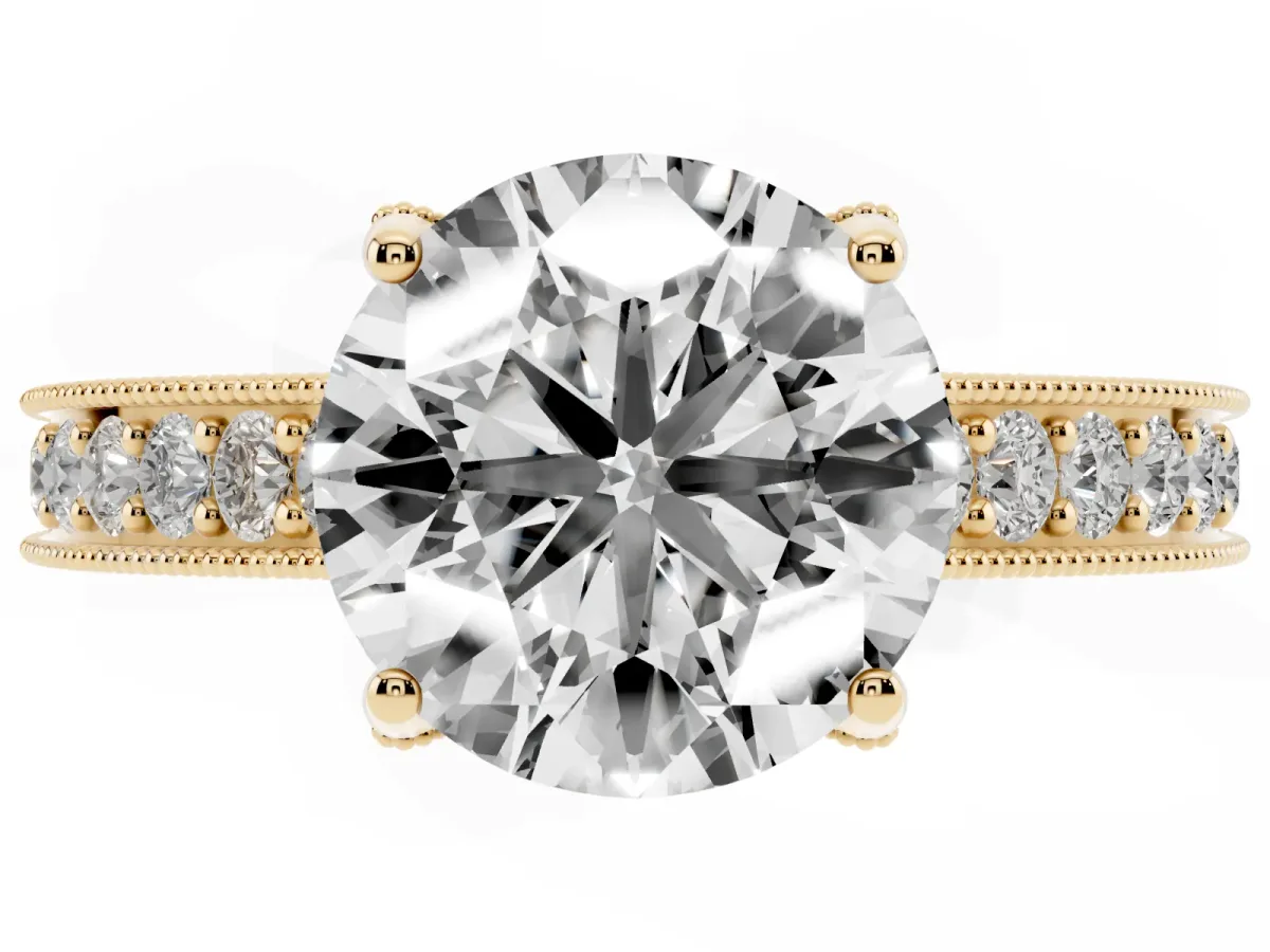 Round Cut Cut Diamond Solitaire Ring with Milgrain Pave Band and Four Prong Setting Yellow gold