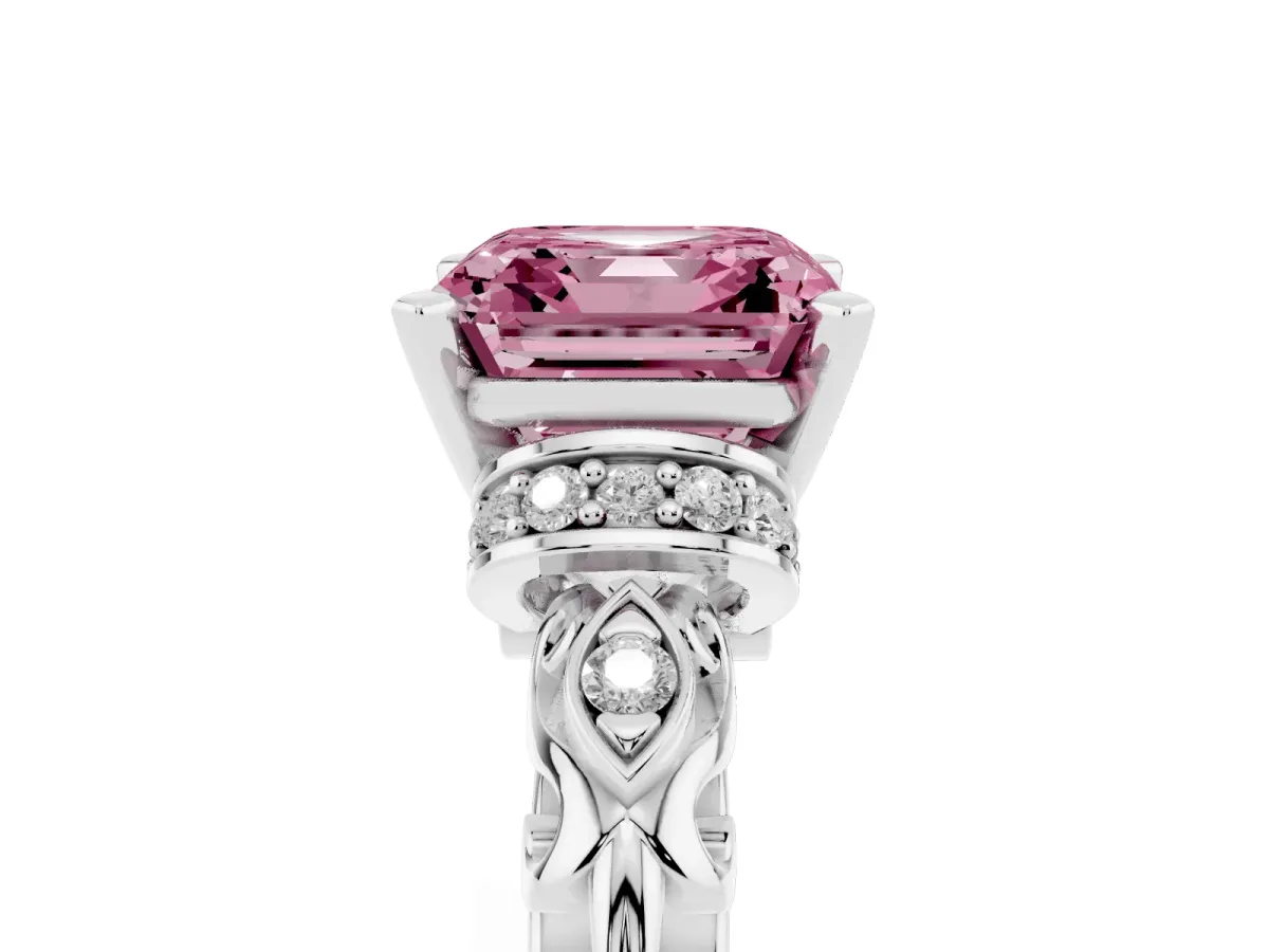 Fancy Pink Asscher Cut Diamond Solitaire Ring with Filigree Band and Four-Prong Setting Silver