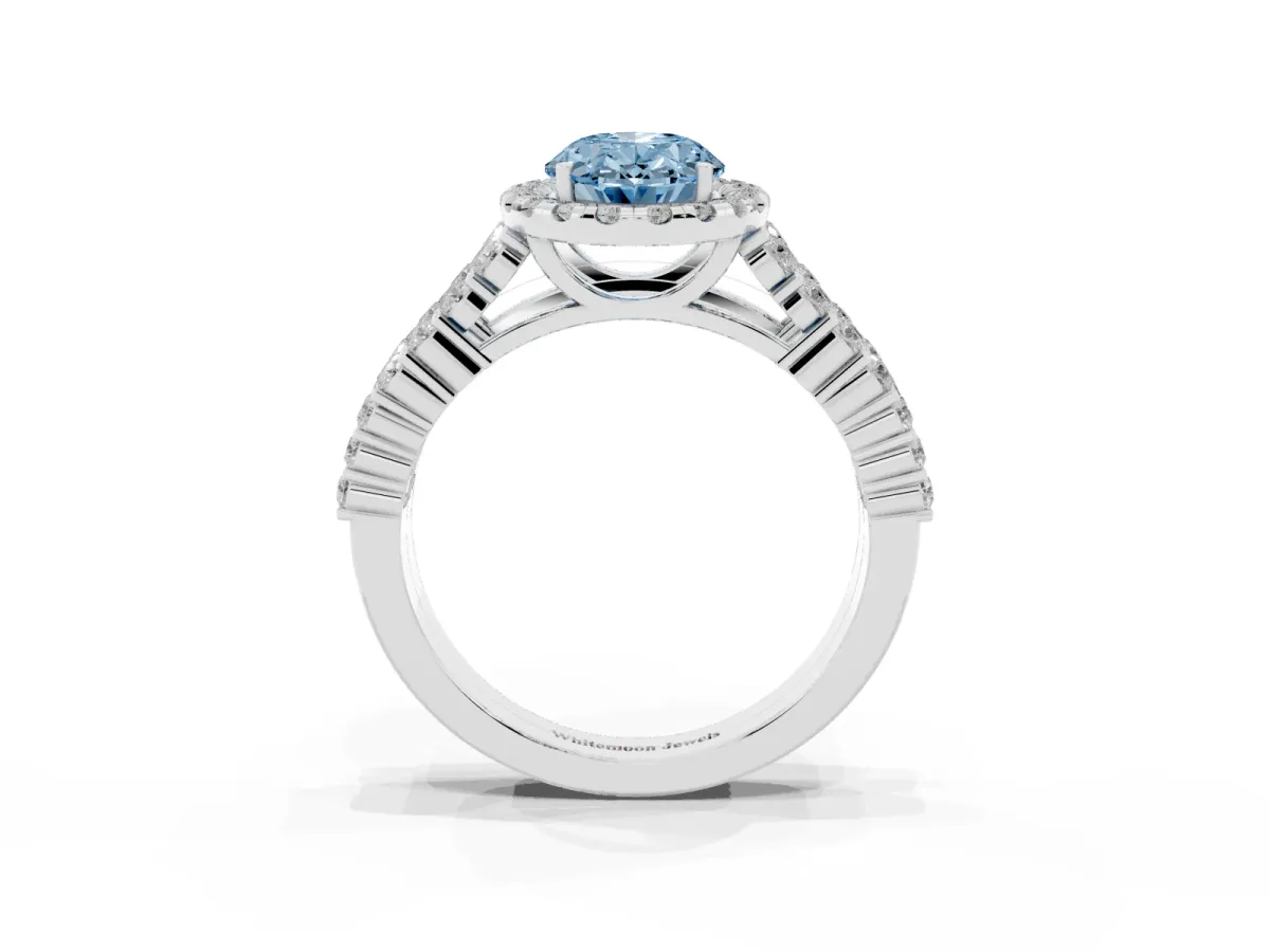 Fancy Blue Oval Cut Diamond Halo Engagement Ring with Triple Row Round Pavé Band and Prong Setting White gold