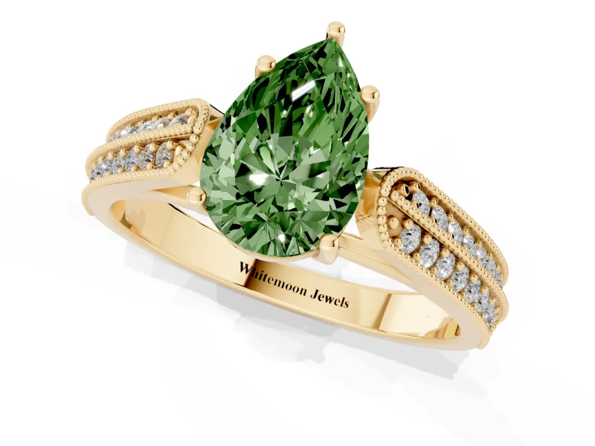 Fancy Green Pear Cut Cut Pave Split Shank Engagement Ring with Four-Prong Setting Yellow gold
